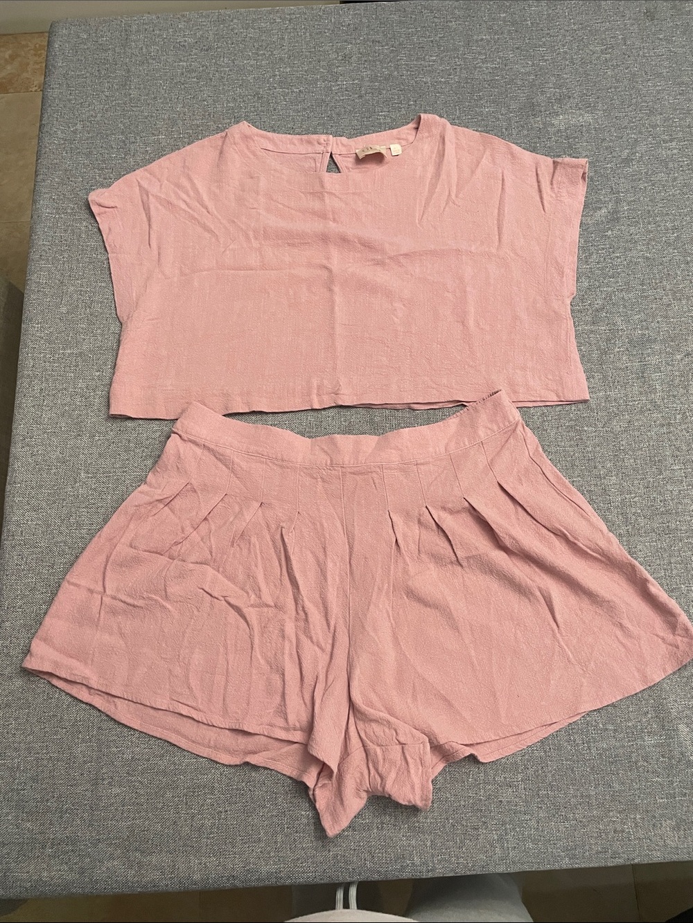 Pink Two-Piece Linen-Look Crop Top & Shorts Set
